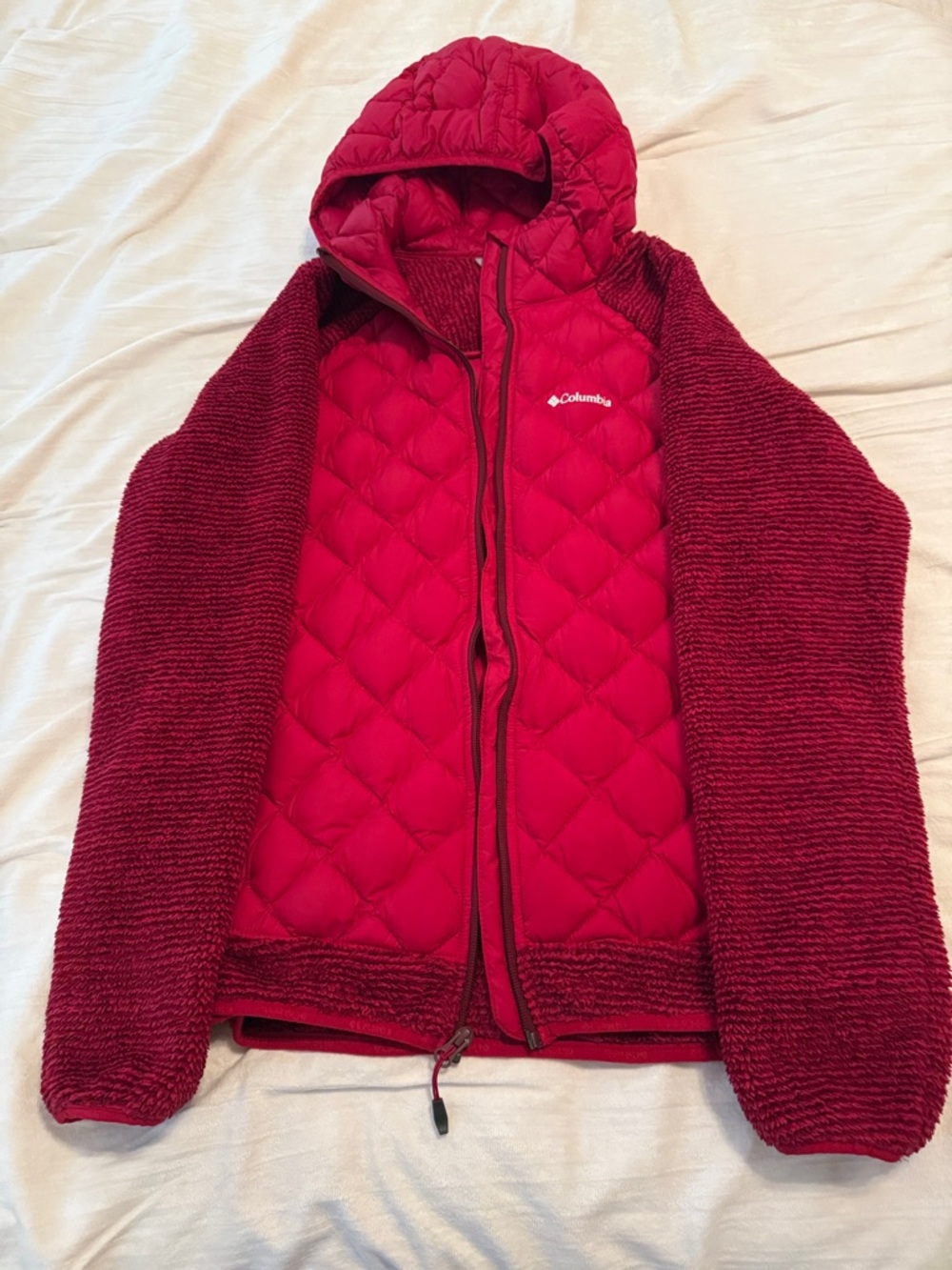 Columbia Red Quilted Hooded Jacket with Knit Sleeves